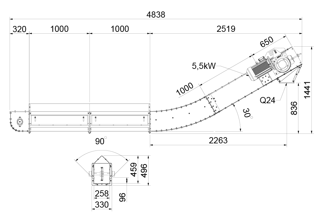 Chain conveyor for intake pit SRL60 with 30°-45° bend