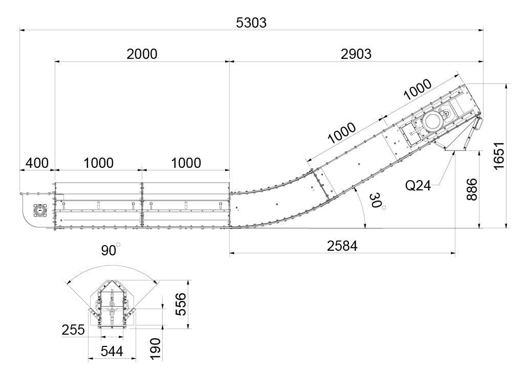 Chain conveyor for pit SR80 with 30°- 45° bend