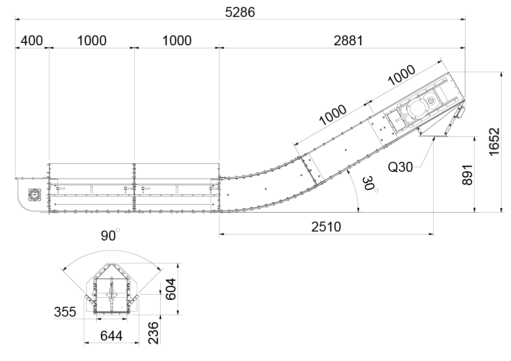 Chain conveyors for pit SR120 with 30 - 45° bend