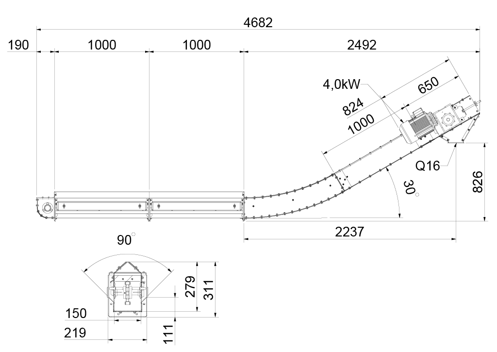 Chain conveyor for intake pit SR25 with 30° bend