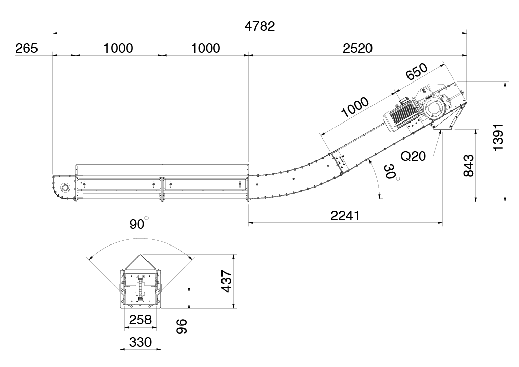 Chain conveyor for pit SR40 with 30°- 45° bend